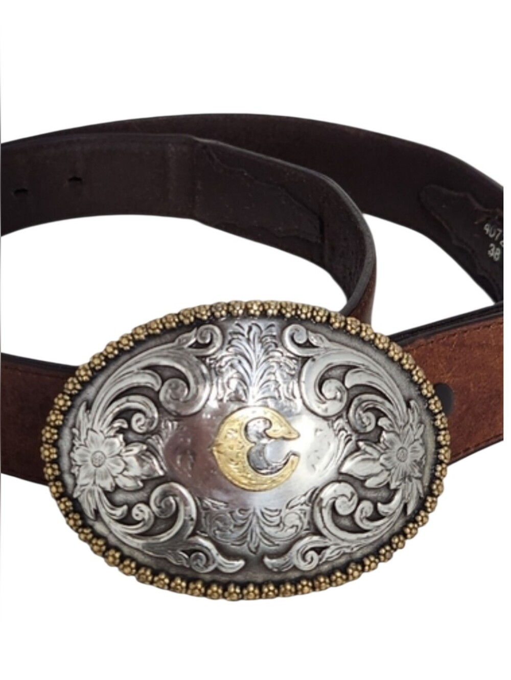 Vintage Nocona Leather Belt 38 C Monogram Western Silver Gold Buckle